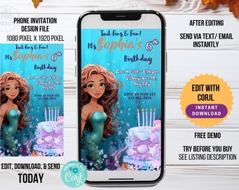 Mermaid Birthday Electronic Invitation Template Mermaid Birthday Invite Editable Templates for Birthdays Digital File fish invitation ocean