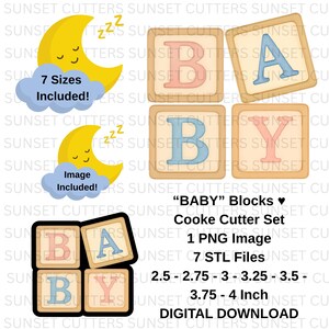 Op de afbeelding: Een digitale downloadset met baby-thema koekjessnijders. Het ontwerp omvat blokken met de tekst "BABY", een maan en wolken. De set bevat 7 maten van 6,35 cm tot 10,16 cm.
