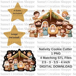 Puede incluir: Una descarga digital de un diseño de cortador de galletas de la Natividad. La imagen muestra una ilustración de dibujos animados de la escena de la Natividad con María, José, el bebé Jesús y los tres reyes magos. El diseño viene en cuatro tamaños: 2.5, 3, 3.5 y 4 pulgadas. La imagen incluye un archivo PNG y cuatro archivos STL.
