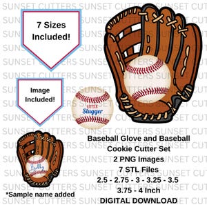 May include: A digital download set featuring a baseball glove and baseball cookie cutter set. The image includes a baseball in a glove, a baseball, and a glove with a baseball. The set includes 7 sizes, ranging from 6.35 cm to 10.16 cm.