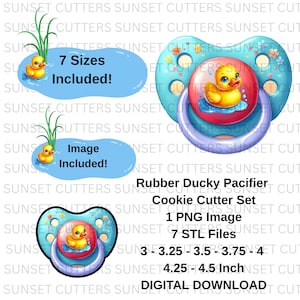 Puede incluir: Un conjunto de descarga digital con un cortador de galletas de chupete de patito de goma. El diseño incluye un patito de goma amarillo sobre un fondo azul. El conjunto incluye 7 tamaños, de 7,6 a 11,4 cm.