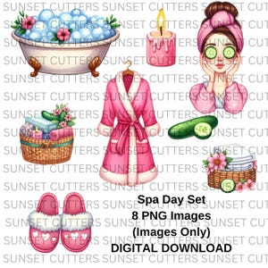 Images PNG de journée au spa, chaussons roses png, peignoir rose png, clipart journée spa pour filles, image png de bougie, clipart anniversaire, images png de douche nuptiale