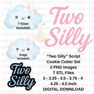 Può includere: Un set di download digitale con un set di taglia biscotti con la scritta "Two Silly". Il set include 2 immagini PNG e 7 file STL in varie dimensioni, da 7,6 a 11,4 cm. Il design include una nuvola con un cuore e un'oca.