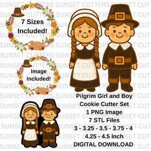 May include: A digital download set featuring a Pilgrim girl and boy cookie cutter set. The image includes a PNG image and 7 STL files. The sizes range from 3 to 4.5 inches. The image also includes a fall wreath with a pilgrim hat.