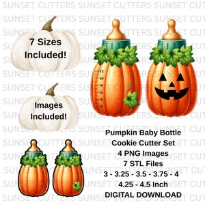 May include: Digital download of a pumpkin baby bottle cookie cutter set. The set includes 4 PNG images and 7 STL files. The sizes range from 3 to 4.5 inches. The image also includes two white pumpkins.