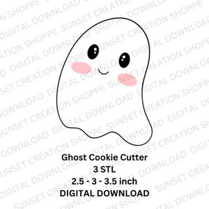 May include: A digital download for a 3D printable ghost cookie cutter. The cutter is 2.5 to 3.5 inches in size. The ghost has a cute, cartoon-like face with big eyes and rosy cheeks.