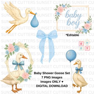 May include: A digital download set featuring baby shower-themed graphics. Includes a stork carrying a blue bundle, a goose with a bow, a frame with flowers, a bow, a balloon, and text that says "baby boy".