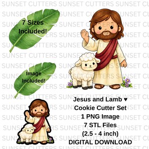 May include: A digital download set featuring a cartoon illustration of Jesus with a lamb, along with a green leaf. The set includes a PNG image and 7 STL files, ranging from 6.35 to 10.16 cm in size. The text says "Jesus and Lamb Cookie Cutter Set".