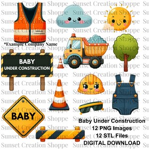Può includere: Un set di download digitale di 12 file PNG e 12 file STL per la stampa 3D. Il set presenta un tema di bambino in costruzione con immagini di un operaio edile, un camion ribaltabile, un cono di segnalazione, un casco, una tuta da lavoro, occhiali da sole, una nuvola, un sole, un albero e due cartelli che recitano "Bambino in costruzione".