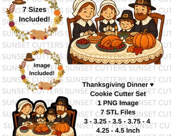May include: Thanksgiving-themed cookie cutter set. The image shows a family gathered around a table laden with food, including a turkey and pumpkin. The set includes 7 sizes of cookie cutters and a PNG image.