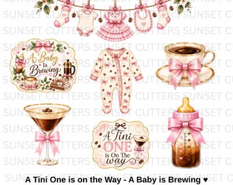Coffee Martini Baby Shower Images Set, A tini one is on the way, Baby shower cookies, coffee martini png, baby brewing clipart, martini png