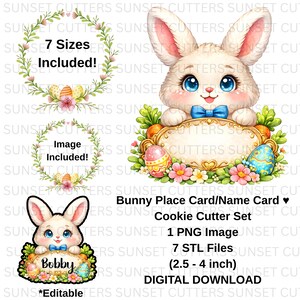 May include: Digital download of an Easter-themed cookie cutter set. The image features a cute bunny holding a blank sign, surrounded by carrots, flowers, and Easter eggs. Includes 7 STL files and a PNG image, sizes 2.5-4 inches.