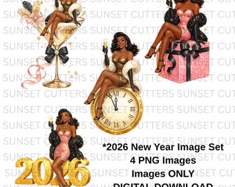 Könnte beinhalten: Ein digitales Download-Bildset mit vier PNG-Bildern, die Frauen in glamourösen Outfits zeigen, die Champagnergläser halten und sich um Neujahrsfeiern drehen. Die Bilder haben einen dunklen Hautton. Der Text im Bild lautet "2026 New Year Image Set".