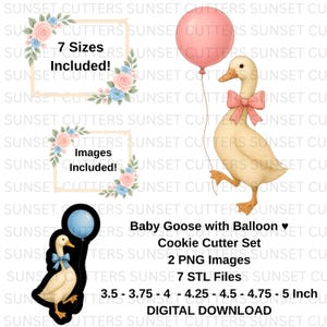 Può includere: Set di download digitale con un'oca bebé con palloncino rosa e fiocco, per taglia biscotti. Include 7 misure, 2 immagini PNG e 7 file STL, da 8,89 cm a 12,7 cm.