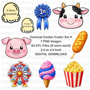 May include: A digital download set of carnival-themed cookie cutter designs including a cow, pig, corn dog, Ferris wheel, cotton candy, popcorn, and a 1st place ribbon. Text includes Carnival Cookie Cutter Set, 7 PNG Images, 63 STL Files, 2.5 to 4.5 Inch.