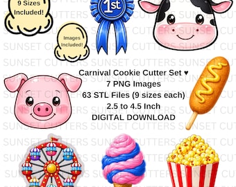 Carnival STL Cookie Cutter Set, Popcorn STL, Blue Ribbon STL, Cow stl, Pig stl, Corn Dog stl, Cotton Candy,  Ferris Wheel, Carnival clipart