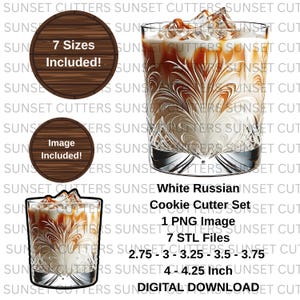 May include: A clear glass filled with a White Russian cocktail, featuring ice cubes and a decorative etched design. The image includes a cookie cutter set with 7 sizes, a PNG image, and 7 STL files, ranging from 2.75 to 4.25 inches.