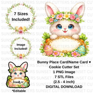 Op de afbeelding: Digitale download van een paas-thema koekjessnijdersset. De afbeelding toont een schattig konijntje met een bloemenkrans, dat een leeg bord vasthoudt. Inclusief 7 maten, een PNG-afbeelding en 7 STL-bestanden, van 6,35 tot 10,16 cm.