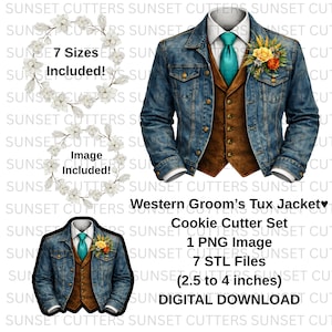 Juego de cortadores de galletas PNG y STL de esmoquin, esmoquin STL, cortador de galletas de esmoquin, imágenes prediseñadas de boda, cortador de chaqueta de esmoquin STL, boda PNG, esmoquin PNG, boda occidental