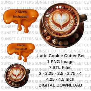 May include: A digital download set of latte cookie cutters. The image shows a latte design with a heart shape in the foam, surrounded by decorative elements. The set includes 7 sizes, ranging from 7.6 to 11.4 cm, and a PNG image.