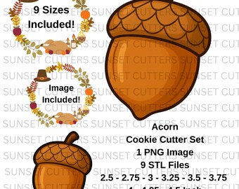 Acorn PNG and STL Cookie Cutter Set, acorn png, acorn stl, acorn shape cutter, acorn cutter, Thanksgiving stl, Thanksgiving cutters, acorn