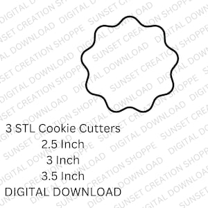 Puede incluir: Tres diseños de cortadores de galletas digitales en blanco y negro. Los diseños son una estrella de 2,5 pulgadas, 3 pulgadas y 3,5 pulgadas.