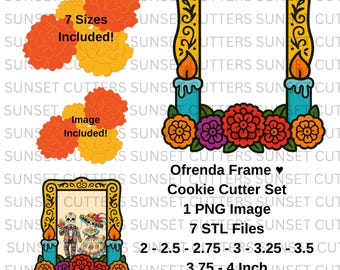 May include: A digital download set featuring an "Ofrenda Frame" cookie cutter design. The image includes a gold-coloured frame with blue candles, flowers, and text. The set includes 7 STL files, 1 PNG image, and sizes ranging from 5.08 cm to 10.16 cm.