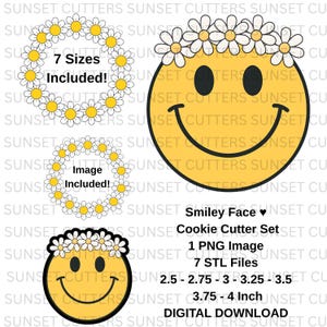 May include: A digital download set featuring a smiley face cookie cutter design. The set includes a smiley face with a daisy crown, daisy wreath designs, and the text "Smiley Face Cookie Cutter Set". Includes 7 STL files and 1 PNG image. Sizes range from 2.5 to 4 inches.