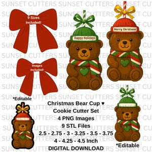 May include: A digital download set of Christmas cookie cutters. The set includes images of red bows and bear-shaped cups wearing hats and scarves. The sizes range from 6.35 cm to 11.43 cm.