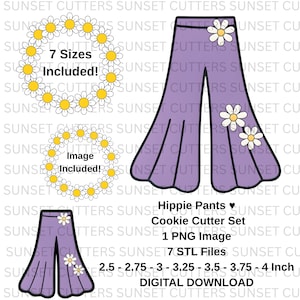 May include: Digital download of a cookie cutter set. The set includes a design of purple hippie pants with white daisies. Also included are daisy wreath designs. The set includes 7 STL files and 1 PNG image.