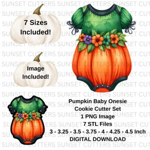 Puede incluir: Un conjunto de descarga digital con un diseño de cortador de galletas de mono de bebé calabaza. El conjunto incluye 7 archivos STL y 1 imagen PNG. Los tamaños de los cortadores de galletas varían de 7,6 a 11,4 cm. La imagen muestra un mono de bebé con temática de calabaza.