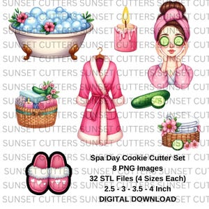 May include: Spa Day Cookie Cutter Set with 8 PNG images and 32 STL files in 4 sizes: 2.5, 3, 3.5, and 4 inches. The set includes a bathtub with bubbles, a candle, a woman with cucumber slices on her eyes, a bathrobe, a basket with towels and cucumbers, and a pair of pink slippers.