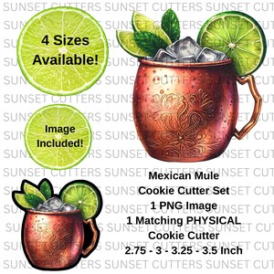 May include: A copper-colored Mexican Mule cookie cutter set with a matching PNG image. The set includes a physical cookie cutter and a digital image, available in 4 sizes: 2.75, 3, 3.25, and 3.5 inches.