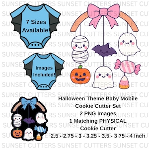 May include: A Halloween-themed baby mobile cookie cutter set. The set includes 2 PNG images and 1 matching physical cookie cutter. The sizes available are 2.5 to 4 inches. The mobile features a mummy, bat, ghost, pumpkin, candy, and bow.