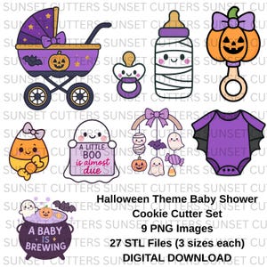 May include: A digital download set of Halloween-themed baby shower cookie cutters. The set includes 9 PNG images and 27 STL files. Designs include a stroller, bottle, rattle, onesie, and other festive shapes.