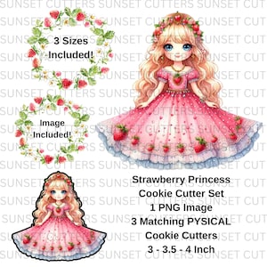 May include: A digital illustration of a Strawberry Princess cookie cutter set. The set includes a PNG image and three physical cookie cutters, ranging from 3 to 4 inches. The princess wears a pink dress adorned with strawberries.