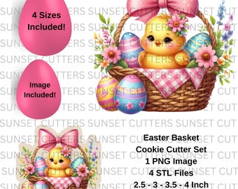 May include: Easter basket cookie cutter set featuring a chick and eggs. Includes 4 sizes: 2.5, 3, 3.5, and 4 inches. Digital download.