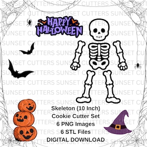 May include: A digital set featuring a black outline of a skeleton, three stacked orange jack-o'-lanterns, two black bats, a purple witch hat, and a spider. The text reads Happy Halloween, Skeleton (10 Inch) Cookie Cutter Set, 6 PNG Images, 6 STL Files, DIGITAL DOWNLOAD.