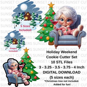 Op de afbeelding: Holiday Weekend koekjessnijdersset met 10 STL-bestanden. Bevat afbeeldingen van een gezellig huisje in een besneeuwd landschap, een kerstboom en een stripfiguur in pyjama. Maten variëren van 7,6 tot 10,2 cm.
