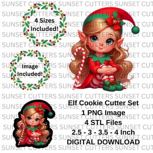 May include: A digital download set of four elf cookie cutters in 2.5, 3, 3.5, and 4 inch sizes. The set includes a PNG image of a cartoon elf girl holding a candy cane. The text "4 Sizes Included!" and "Image Included!" are in the image.