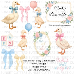 May include: A digital download featuring watercolor illustrations of geese with bows, balloons, and floral frames. Includes text that reads "Baby" and "he or she". Perfect for baby shower invitations and nursery decor.