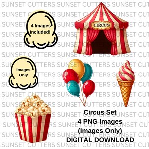 May include: A digital download set of four circus-themed images. The set includes a red and white striped circus tent with the word "CIRCUS" on the front, a red, yellow, and blue balloon bunch, a cone of ice cream with red and white swirls, and a red and white striped popcorn bucket with popcorn.
