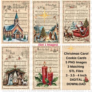 May include: Set of five digital Christmas carol cookie cutter designs. The designs include images of a church, a nativity scene, a candle, a sleigh with Santa, and a star. The designs are 3 to 4 inches in size.