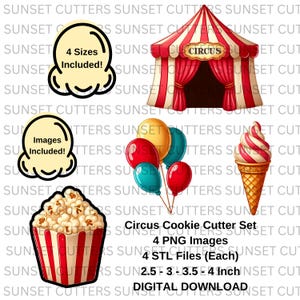 Könnte beinhalten: Ein digitaler Download-Satz mit vier Keksausstechern zum Thema Zirkus. Das Set enthält ein Zirkuszelt, einen Popcorn-Eimer, einen Eiswaffelbecher und einen Ballonstrauß. Die Ausstecher sind in vier Größen erhältlich: 6,35 cm, 7,62 cm, 8,89 cm und 10,16 cm. Das Bild enthält auch den Text "Circus Cookie Cutter Set", "4 PNG Images", "4 STL Files (Each)", "2.5 - 3 - 3.5 - 4 Inch", und "DIGITAL DOWNLOAD".