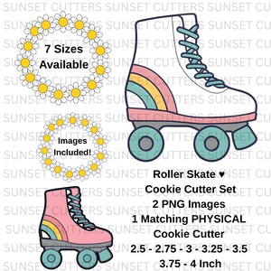 May include: Roller skate cookie cutter set with 2 PNG images and 1 matching physical cookie cutter. The set includes 7 sizes available, ranging from 2.5 to 4 inches. The design features a white roller skate with a rainbow accent.
