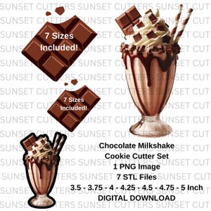 May include: Chocolate milkshake cookie cutter set with a chocolate bar and milkshake design. Includes 1 PNG image and 7 STL files. Sizes range from 3.5 to 5 inches.