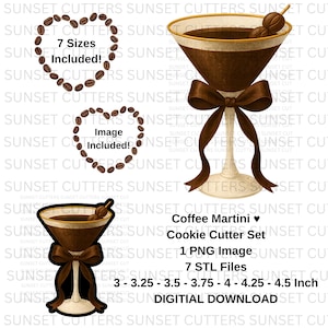 Puede incluir: Un conjunto de descarga digital con un diseño de cortador de galletas de martini de café. El conjunto incluye 7 archivos STL y 1 imagen PNG. Los cortadores de galletas miden de 7.6 cm a 11.4 cm.