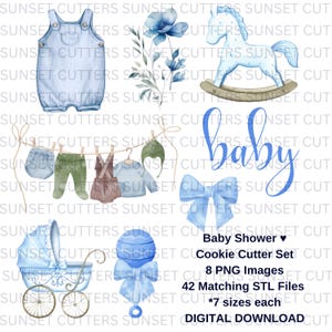 Baby Carriage Cookie Cutter, Baby Romper cookie cutter, baby shower clipart, baby rattle stl, baby script, baby clothesline, baby shower