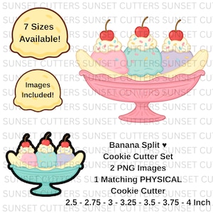 May include: A pink banana split cookie cutter set with three scoops of ice cream, cherries, and sprinkles. The set includes 2 PNG images and a physical cookie cutter available in 7 sizes, ranging from 2.5 to 4 inches.