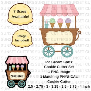 May include: An ice cream cart cookie cutter set with a pink awning, blue wheels, and three ice cream cones. The image includes a PNG image and a matching physical cookie cutter in various sizes.
